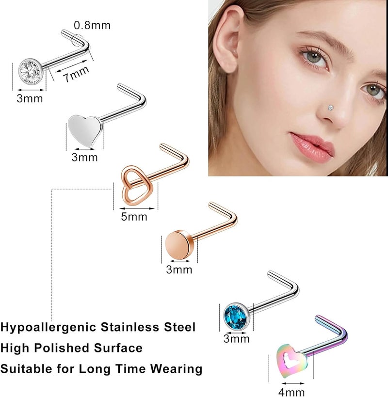 ONESING 36-44 Pcs 18G 20G Nose Rings Studs Nose Rings for Women Nose Piercings Jewelry Surgical Stainless Steel Nose Studs Moon Star Heart Butterfly Hypoallergenic Body Piercing Jewelry for Women Men - Image 2